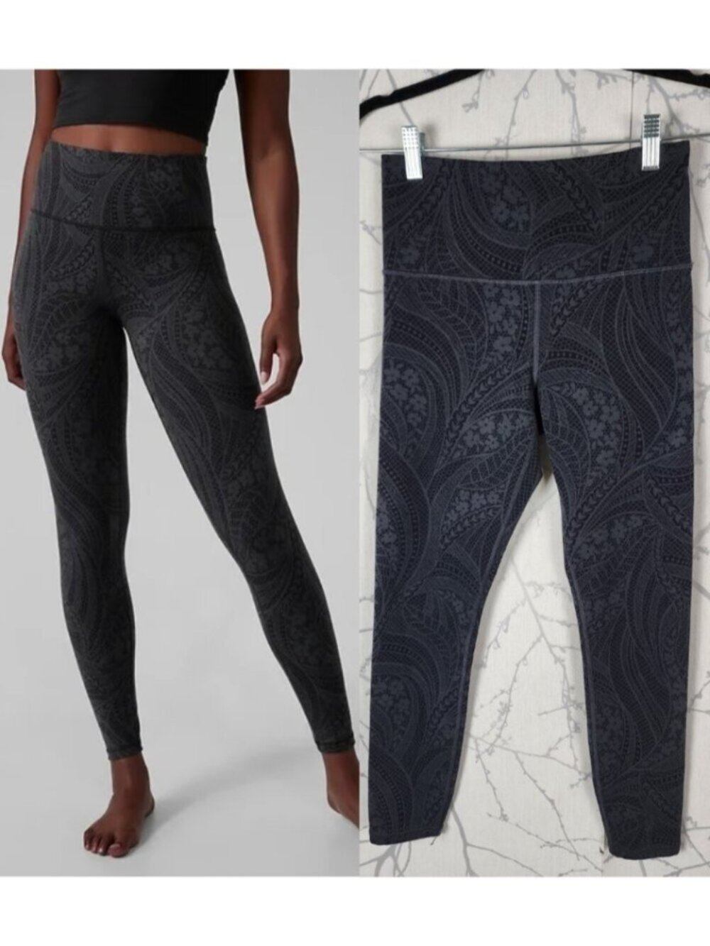 Athleta Gray Paisley Print High Rise Elation Textured 7/8 Tights